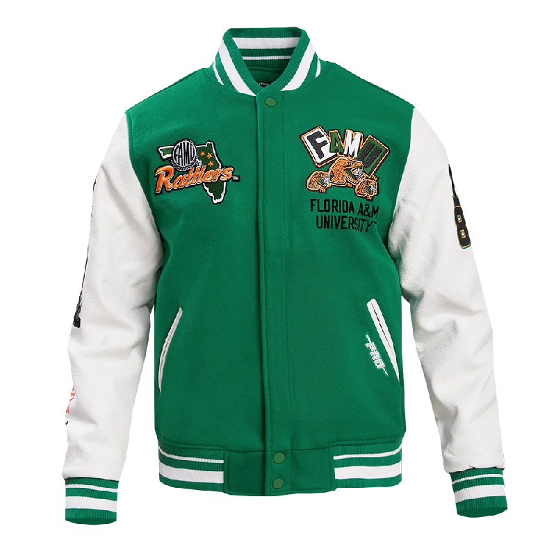 Relaxed Sweaters FLORIDA A&M UNIVERSITY HOMECOMING MEN'S WOOL VARSITY JACKET (KELLY GREEN/ WHITE) Relaxed Sweaters FLORIDA A&M UNIVERSITY HOMECOMING MEN'S WOOL VARSITY JACKET (KELLY GREEN/ WHITE)