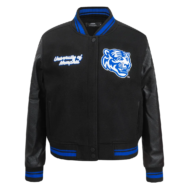 Winter Fashion UNIVERSITY OF MEMPHIS CLASSIC WOMEN'S RIB WOOL VARSITY JACKET (BLACK/ROYAL BLUE/BLACK) Winter Fashion UNIVERSITY OF MEMPHIS CLASSIC WOMEN'S RIB WOOL VARSITY JACKET (BLACK/ROYAL BLUE/BLACK)