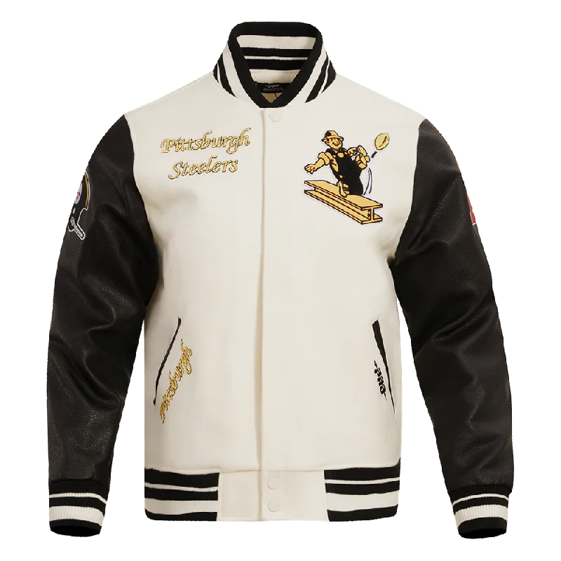 Relaxed Footwear NFL PITTSBURGH STEELERS RETRO CLASSIC MEN'S RIB WOOL VARSITY JACKET (EGGSHELL/ BLACK) Relaxed Footwear NFL PITTSBURGH STEELERS RETRO CLASSIC MEN'S RIB WOOL VARSITY JACKET (EGGSHELL/ BLACK)