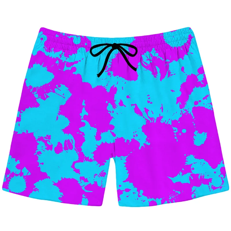 Comfortable Bottoms Blue and Purple Paint Splatter Swim Trunks