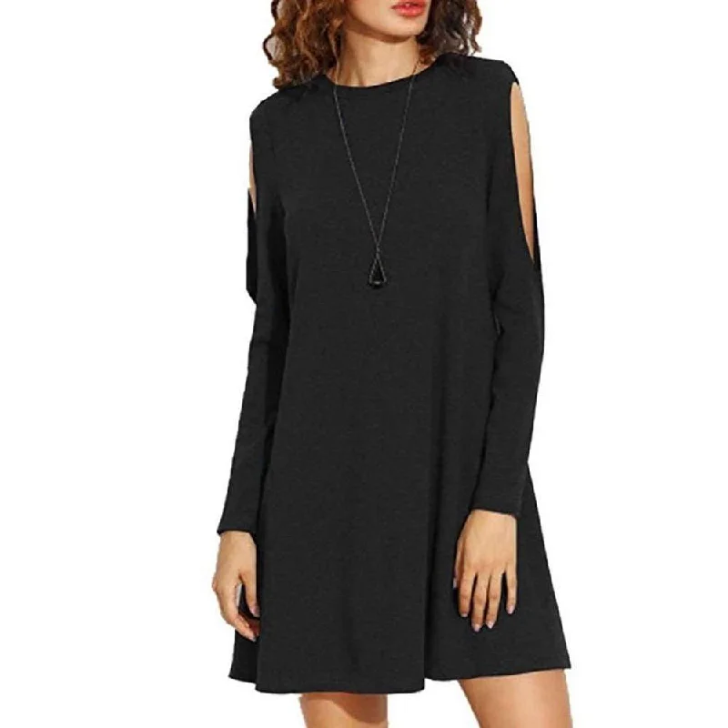 Sporty Hoodies Woman Solid Color Blouse Off Shoulder Long Sleeve Crew Neck Dress
