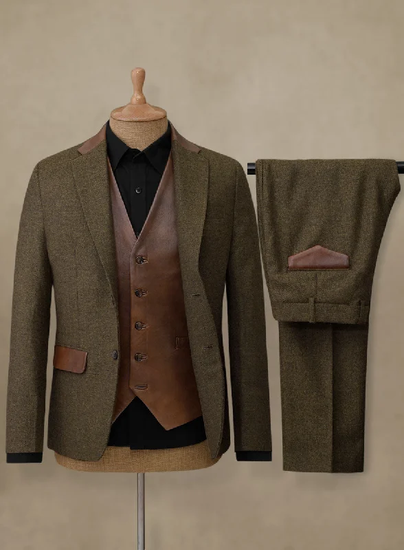 Relaxed Footwear Bottle Brown Herringbone Tweed Suit - Leather Trim