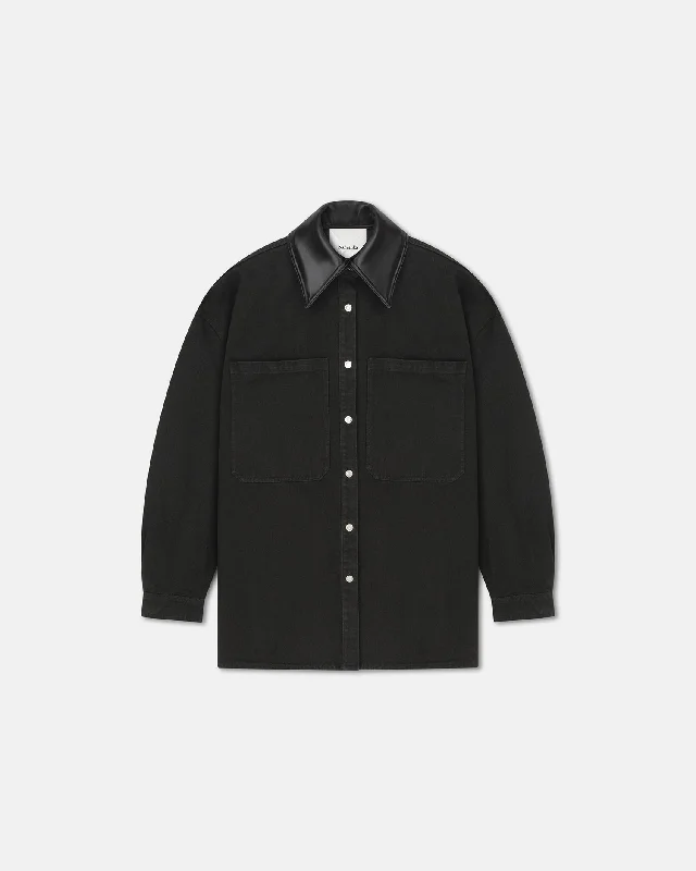 Bold Outfits Beaux - Leather-Trimmed Denim Shirt - Anthracite
