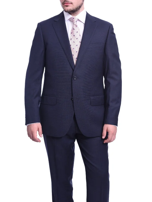 Sleek Pants Napoli Classic Fit Navy Blue Textured Two Button Half Canvassed Reda Wool Suit