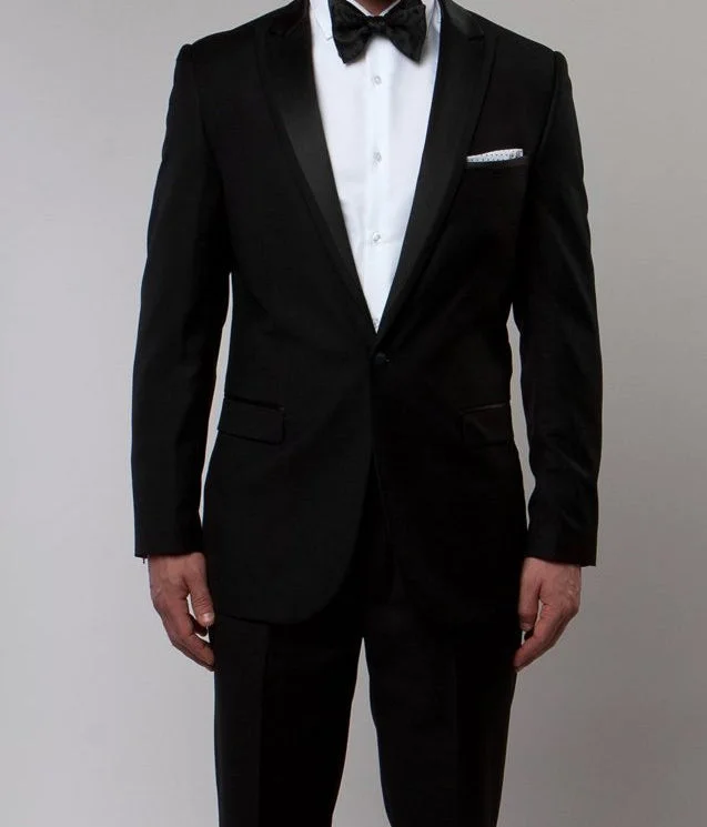 Cozy Pants (40S) Black Slim Fit 2 Piece Tuxedo With Satin Peak Lapel