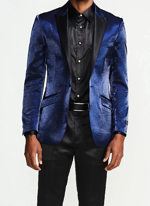 Comfortable Sweaters Slim Fit Shine Blazer 1 Button with Satin Peak Lapel in Navy