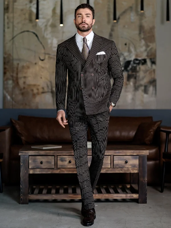 Casual Sneakers Brown Striped Double Breasted Suit 2-Piece