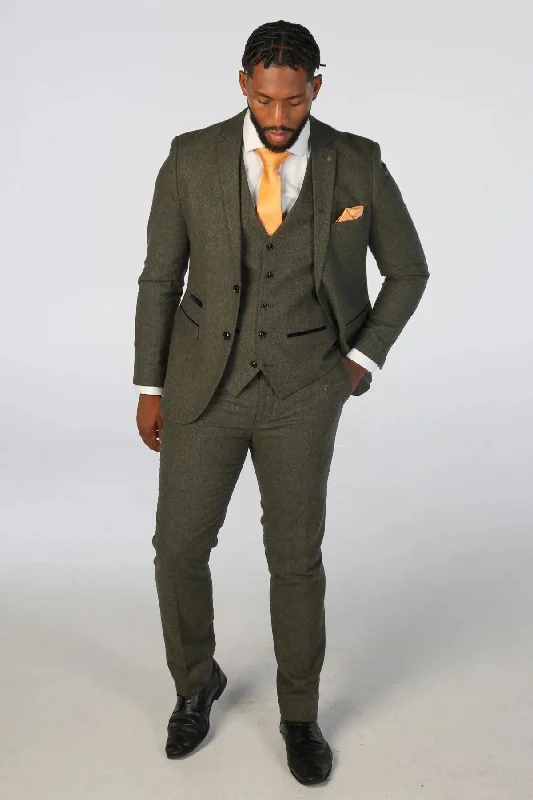 Fashion Jackets Men's Suit 3 Piece Olive Green Wool Blend Tweed Tailored Fit Formal Dress