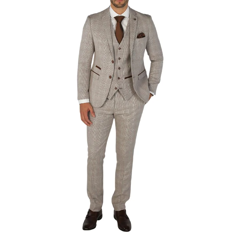 Functional Tops Men's Suit Beige 3 Piece Checked Tailored Fit Formal Dress