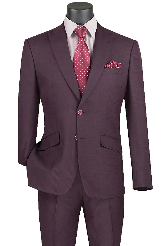 Bold Shirts Slim Fit 2 Piece Suit Burgundy Glen Plaid Pattern Matching Pants