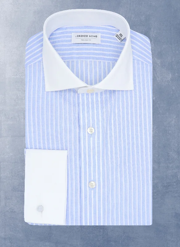 Warm Sweaters Liam in Blue Wide Stripe Shirt in White Collar & French Cuff