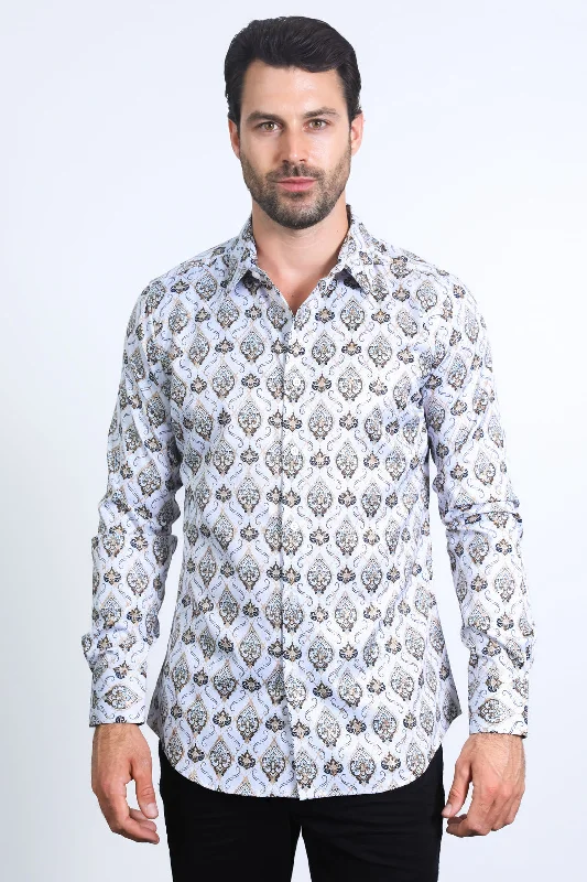 Sporty Sweatshirts Mens Modern Fit Stretch Foil Fashion White/Khaki Shirt