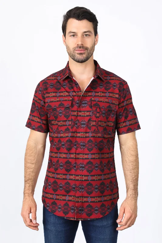 Urban Looks Mens Performance Classic Fit Western Short Sleeve Aztec Print Red Shirt